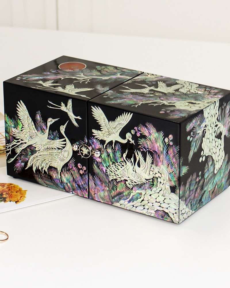 Mother-of-pearl Lacquerware Korea Traditional Light Crane Extra-Large Double Compartment Jewelry Box
