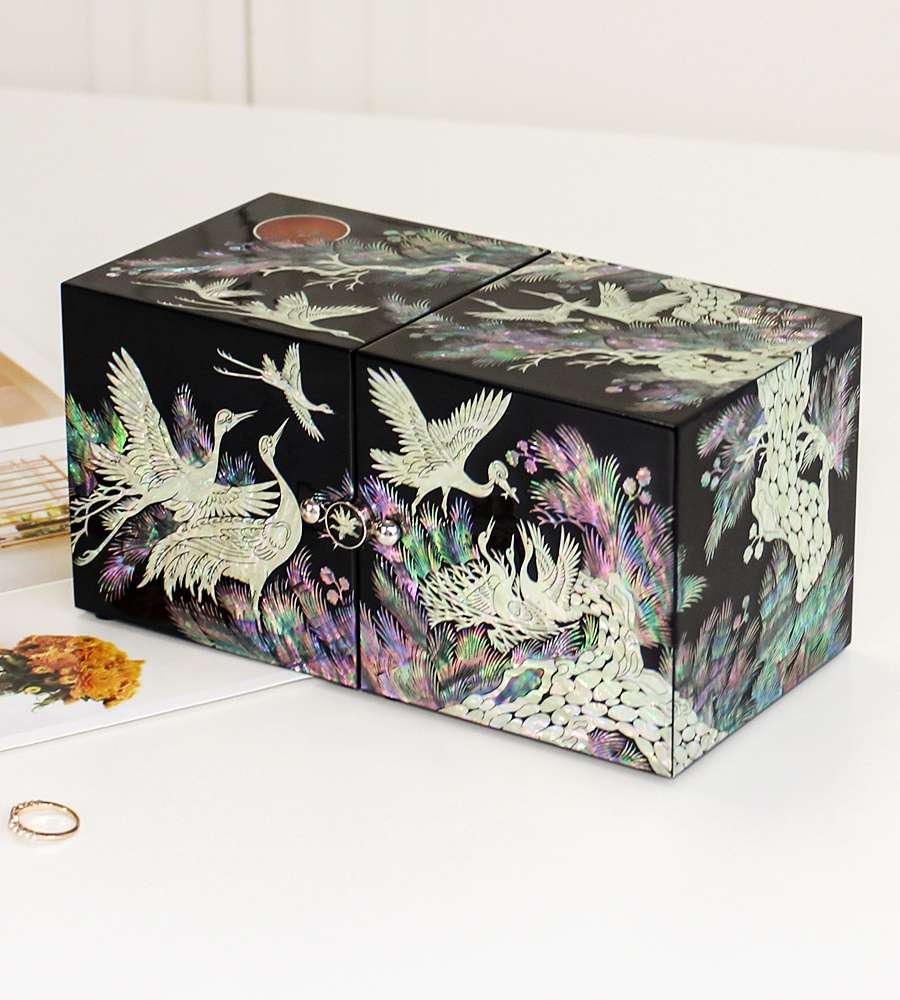 Mother-of-pearl Lacquerware Korea Traditional Light Crane Extra-Large Double Compartment Jewelry Box