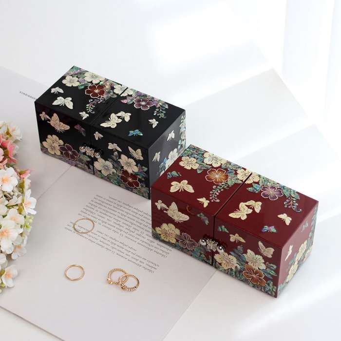 Najeon Chilgi Korea Traditional Korean Craft Flower Butterfly Mini Double Compartment Mother-of-Pearl Jewelry Box