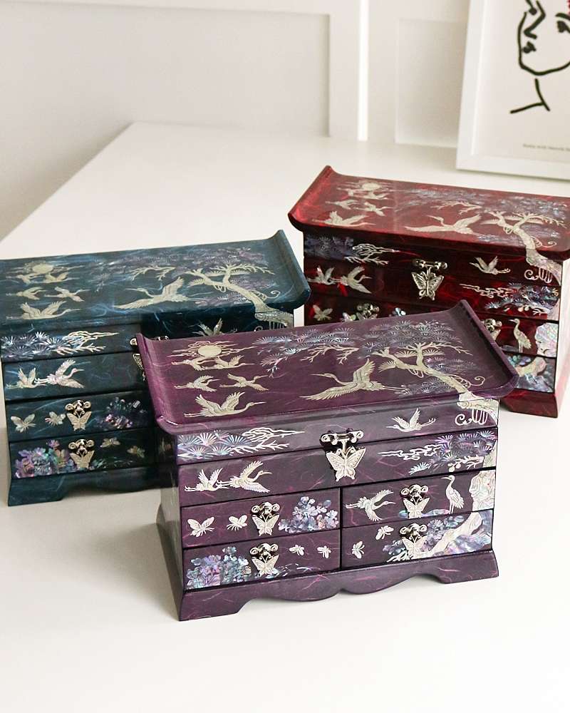 Nacre-Inlaid Lacquerware Korea Korean Culture Beauty Hanji 4-Tier Dressing Table Drawer Mother-of-Pearl Jewelry Box (Extra Large) Shell Jewelry Case Accessory Storage Box