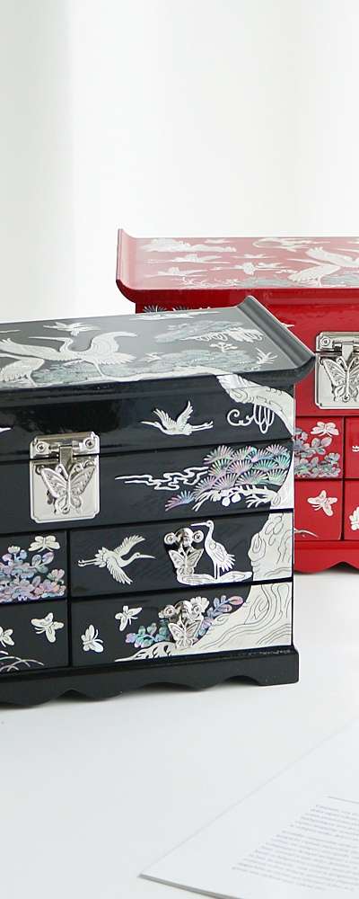 Mother-of-Pearl Lacquerware Korea Crane Design Four-Drawer Abalone Jewelry Box (Extra Large) Accessory Storage