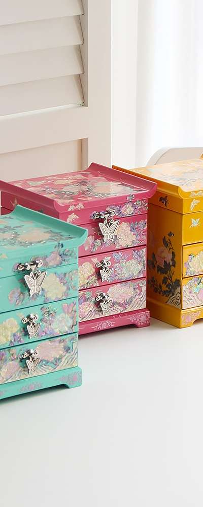 Najeon Chilgi Korea Korean Culture Beauty Peony Flower Vivid 2-Drawer Shell Jewelry Box