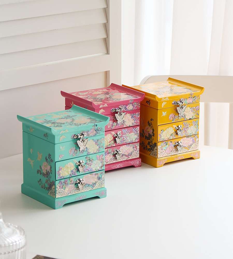 Najeon Chilgi Korea Korean Culture Beauty Peony Flower Vivid 2-Drawer Shell Jewelry Box