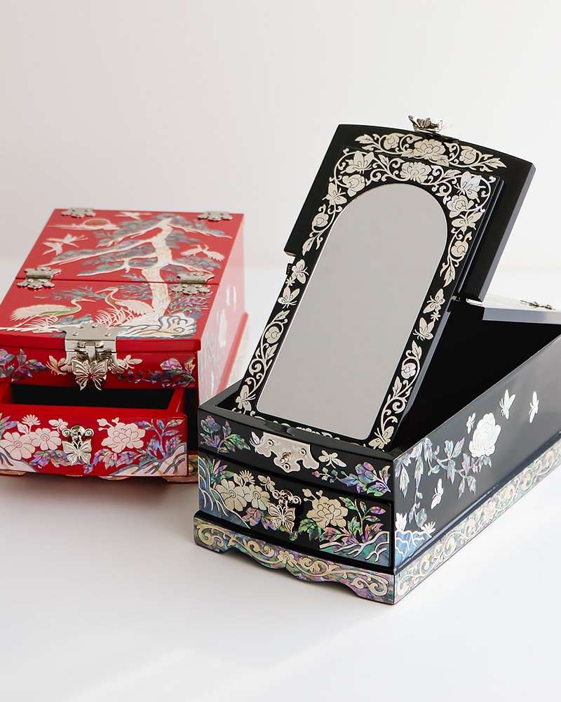 Najeon Chilgi Korea Traditional Korean Crane Mother-of-Pearl Lacquerware Cosmetic Mirror Jewelry Box