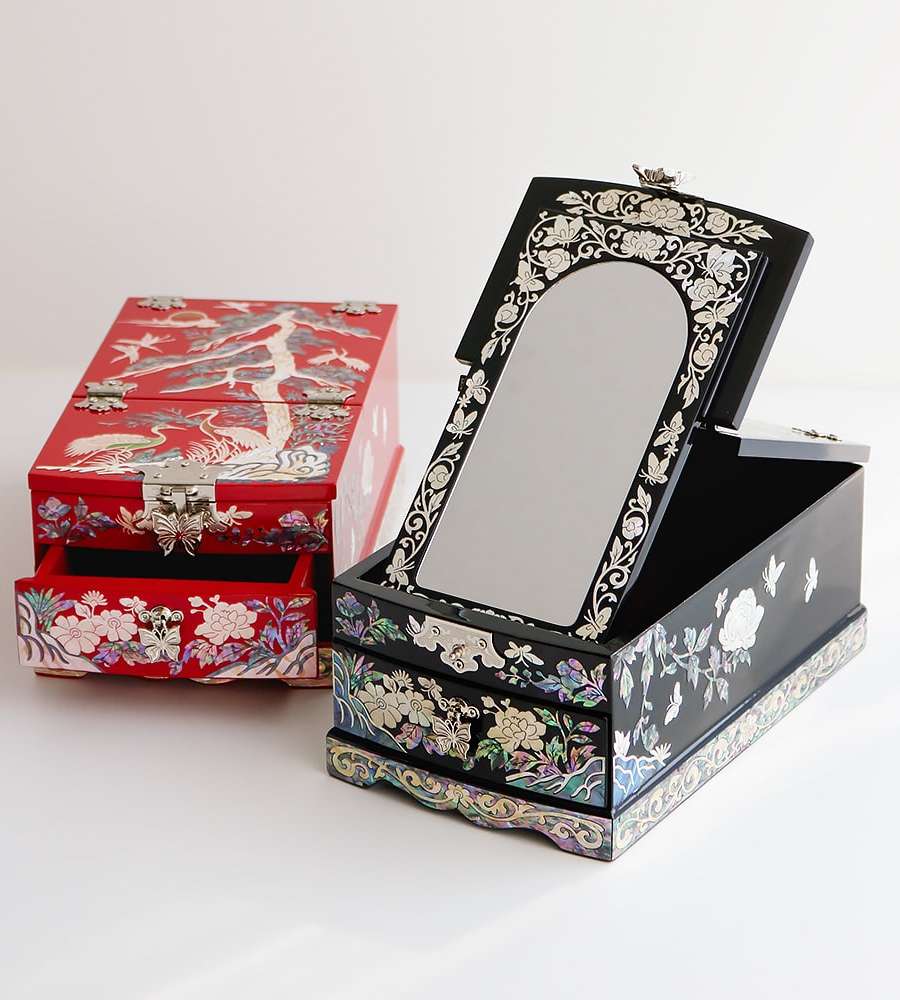 Najeon Chilgi Korea Traditional Korean Crane Mother-of-Pearl Lacquerware Cosmetic Mirror Jewelry Box