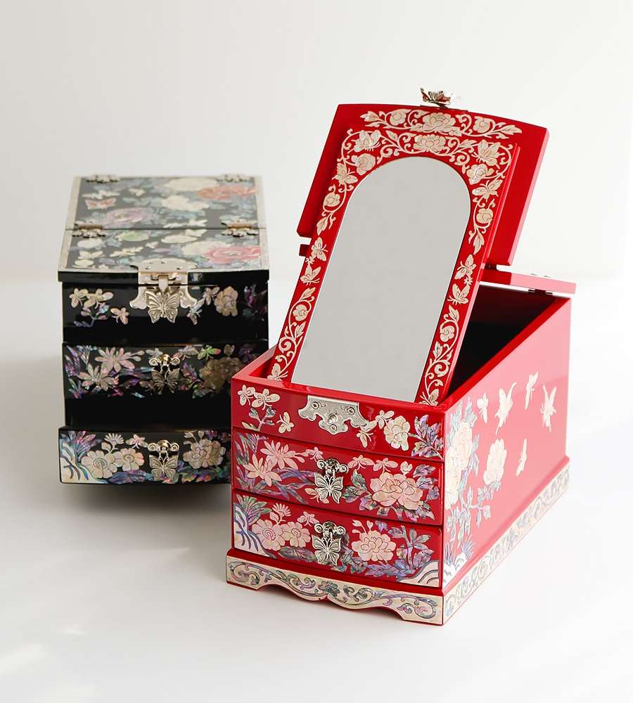 Nacre Lacquerware Korea Traditional Korean Culture Shell-inlaid Lacquer Magnolia Peony Mirror Jewelry Box