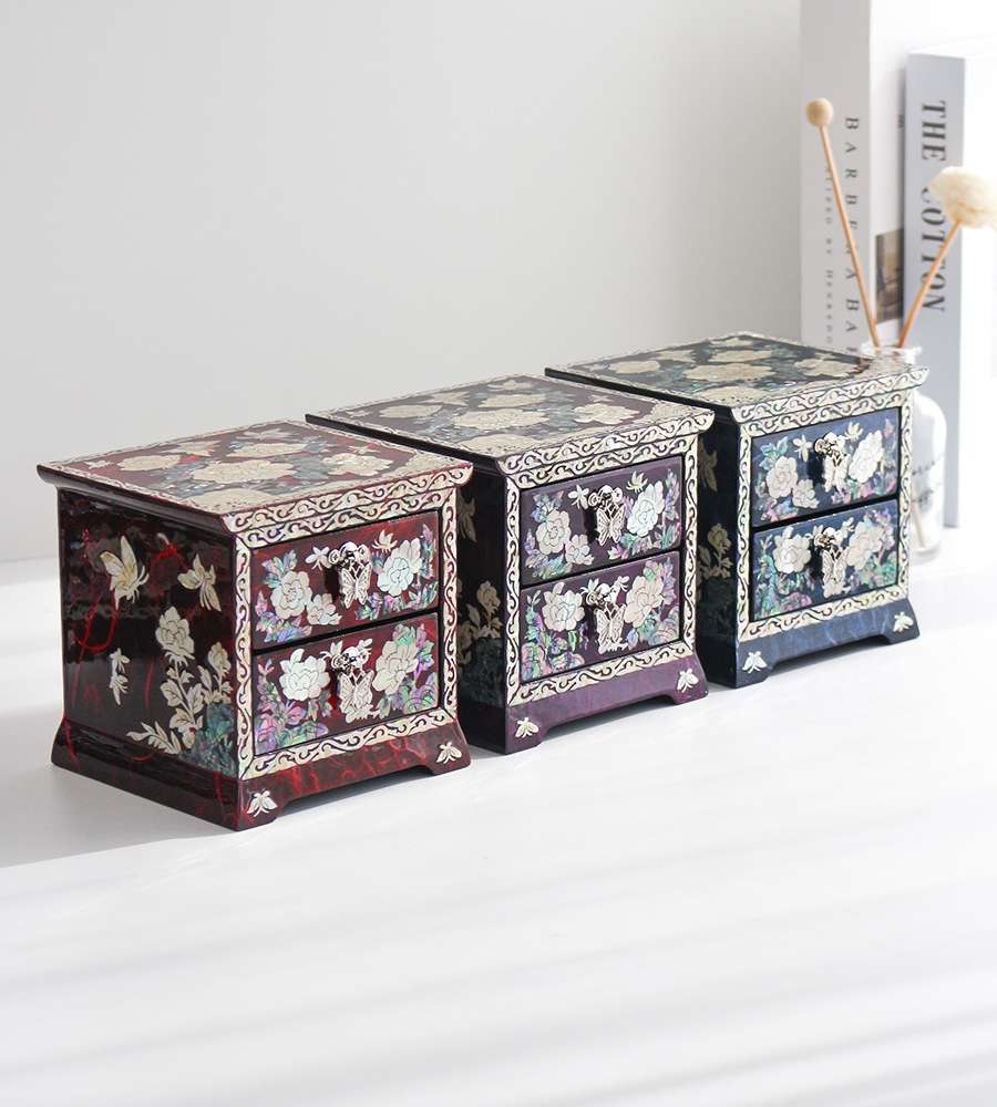 Najeon Chilgi Korea Traditional Beauty Korean Culture Mother-of-Pearl Lacquerware Peony Butterfly Two-Drawer Hanji Jewel Box