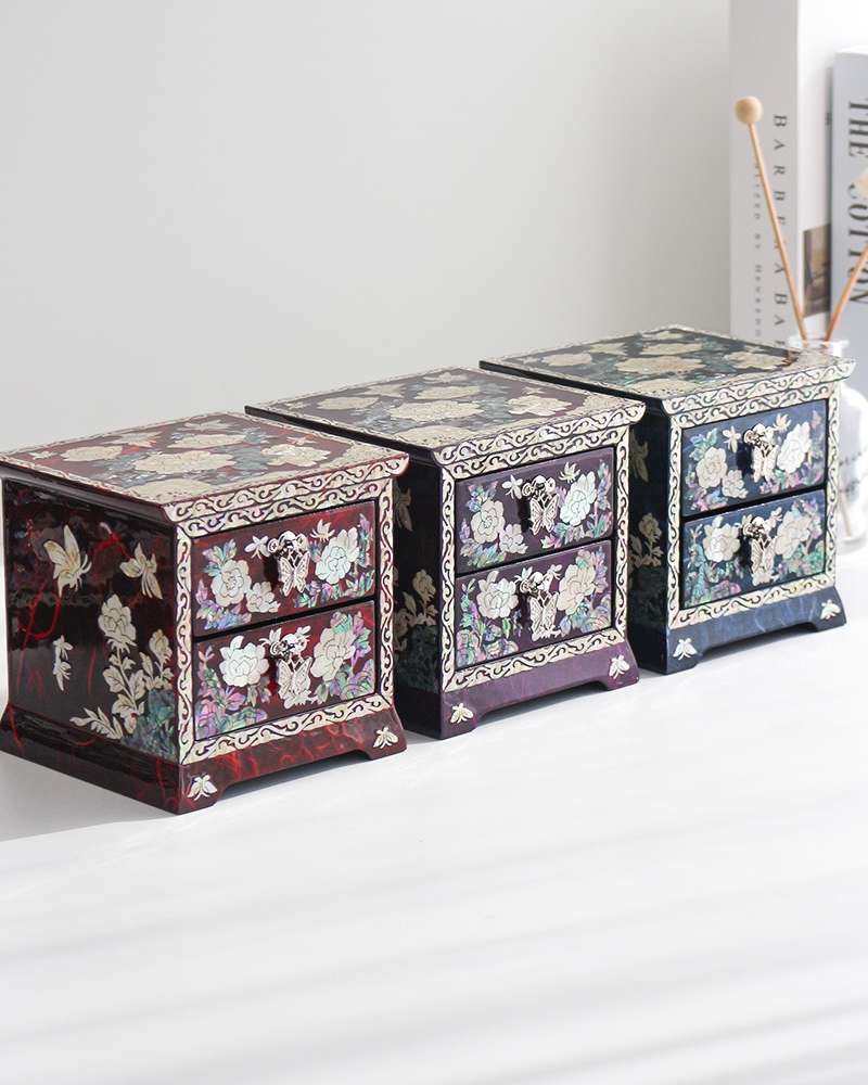 Najeon Chilgi Korea Traditional Beauty Korean Culture Mother-of-Pearl Lacquerware Peony Butterfly Two-Drawer Hanji Jewel Box