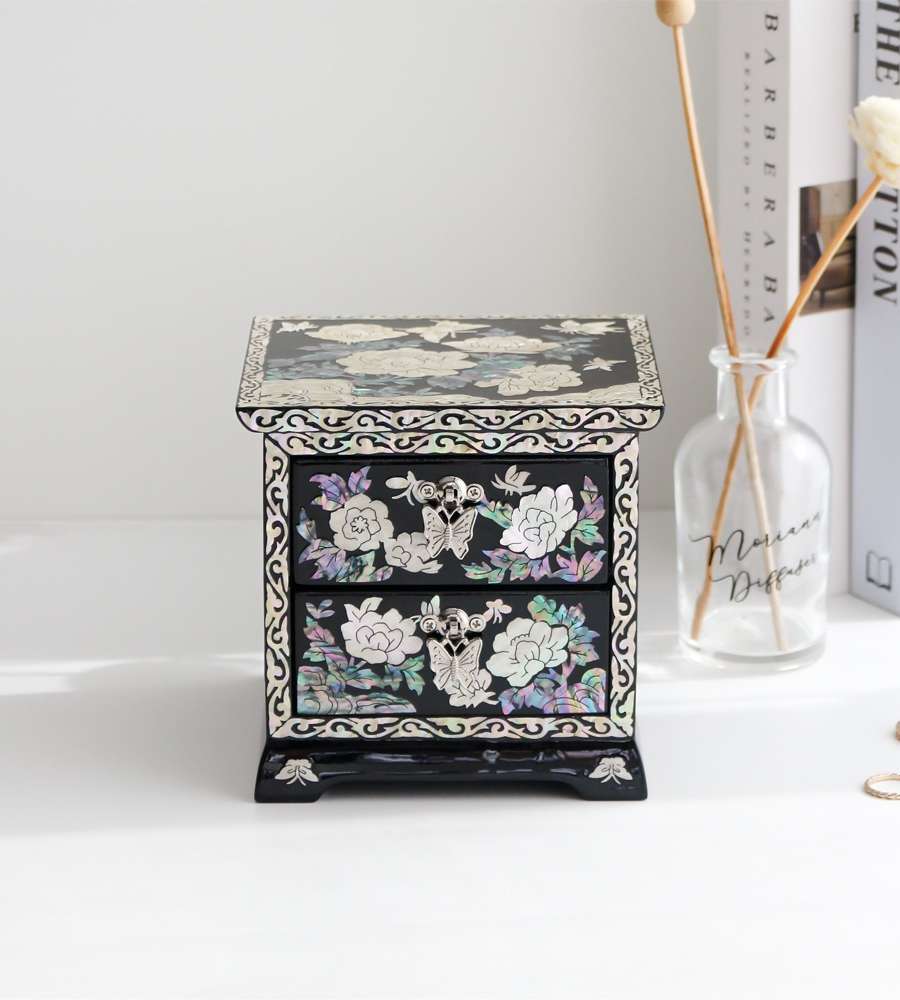Mother-of-Pearl Lacquerware Korea Korean Culture Beauty Peony Butterfly 2-Drawer Black Shell Jewelry Box