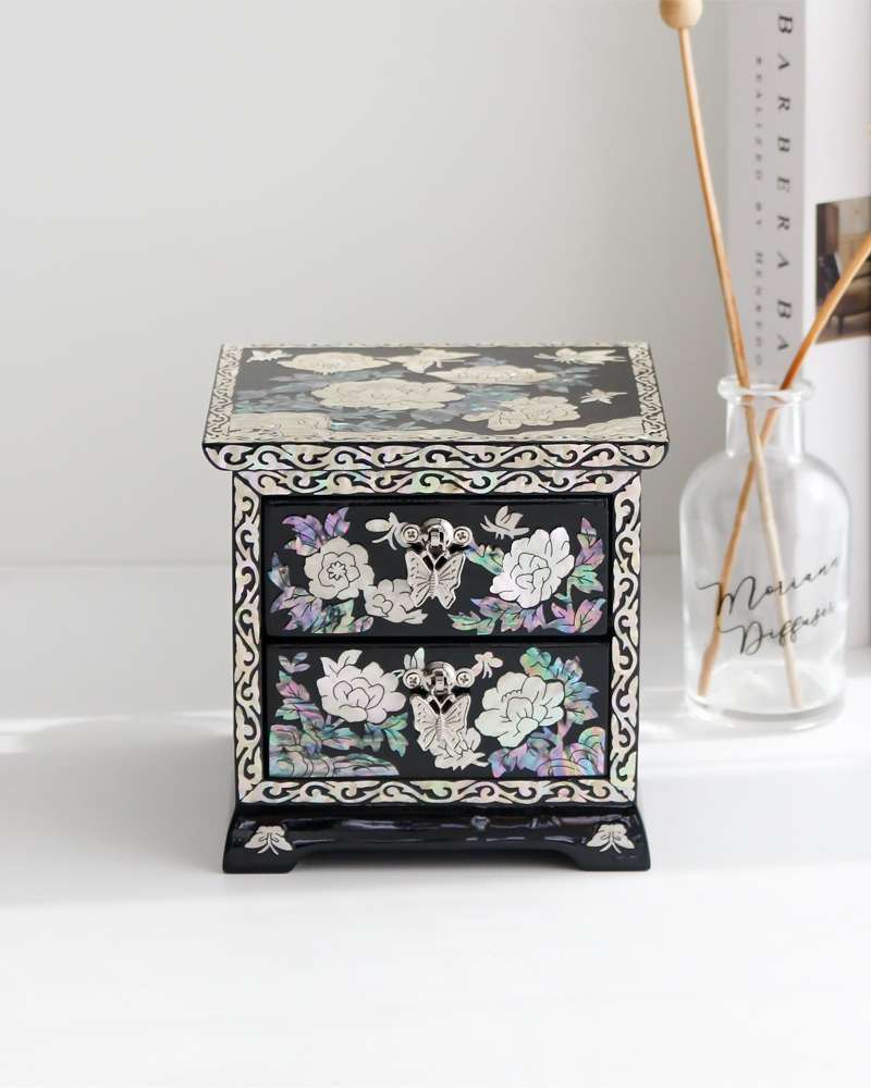 Mother-of-Pearl Lacquerware Korea Korean Culture Beauty Peony Butterfly 2-Drawer Black Shell Jewelry Box