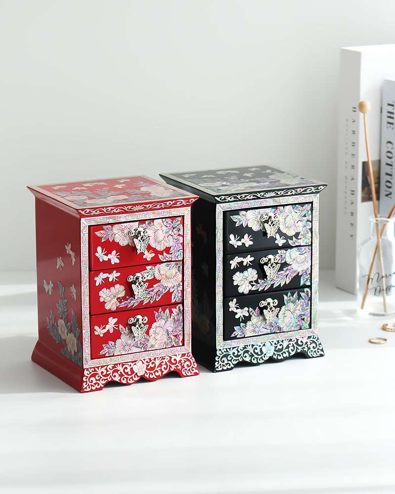 Mother-of-Pearl Lacquerware Korea Traditional Korean Culture Beauty Peony Flower Arabesque Three-Drawer Shell Jewelry Box