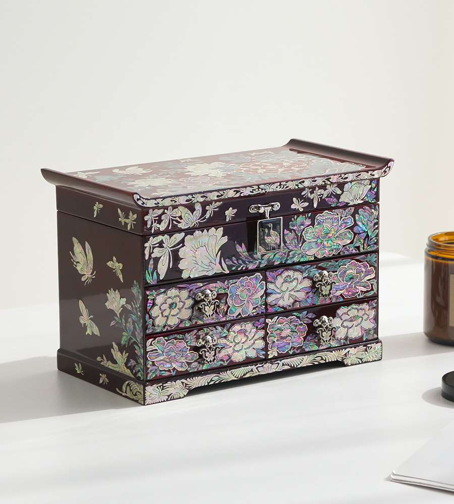 Hanji Mother-of-Pearl Lacquerware Korea Jewelry Box with Colored Peony Pattern, 4-Drawer, Wine