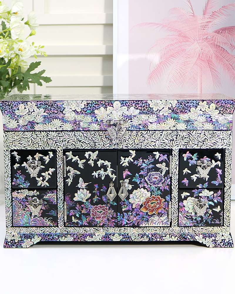 Najeon Chilgi Korea Traditional Beauty Peony Double-Door Drawer-Type Mother-of-Pearl Jewelry Box