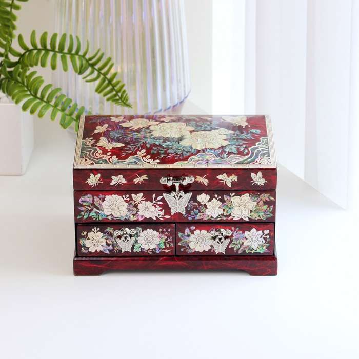Nacre Lacquerware Korea Ornate Korean Traditional Craft Peony 1-Tier 2-Drawer Hanji Mother-of-Pearl Jewelry Box