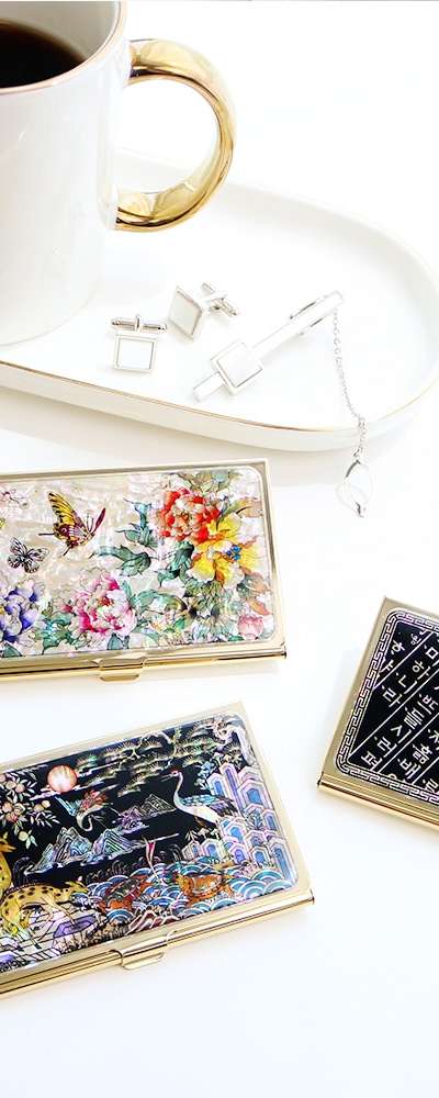 Traditional Beauty 2-Piece Set - Gold Mother-of-Pearl Business Card Case K + Colored Plum Blossom Mother-of-Pearl Ballpoint Pen (Full Marking)