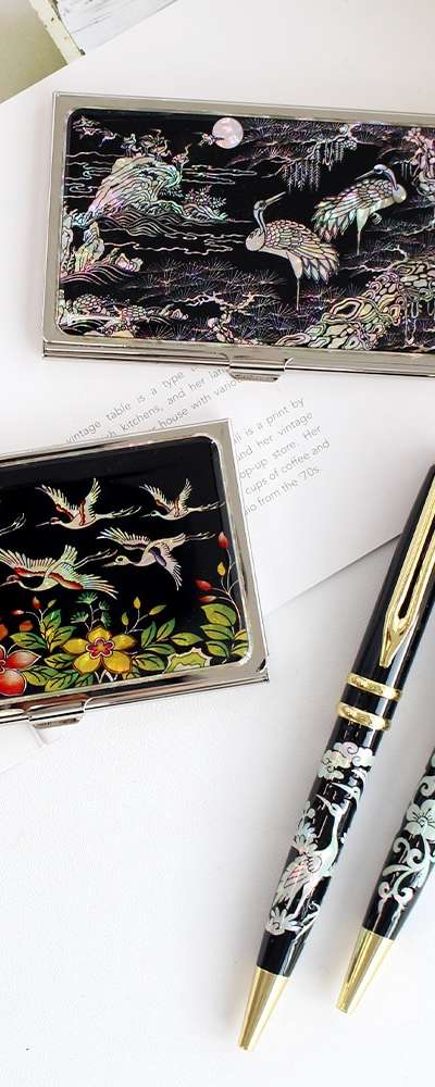Korean Traditional Souvenir (2-Piece Set) Mother-of-Pearl Business Card Case K + Mother-of-Pearl Ballpoint Pen
