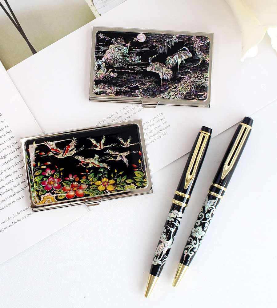 Korean Traditional Souvenir (2-Piece Set) Mother-of-Pearl Business Card Case K + Mother-of-Pearl Ballpoint Pen