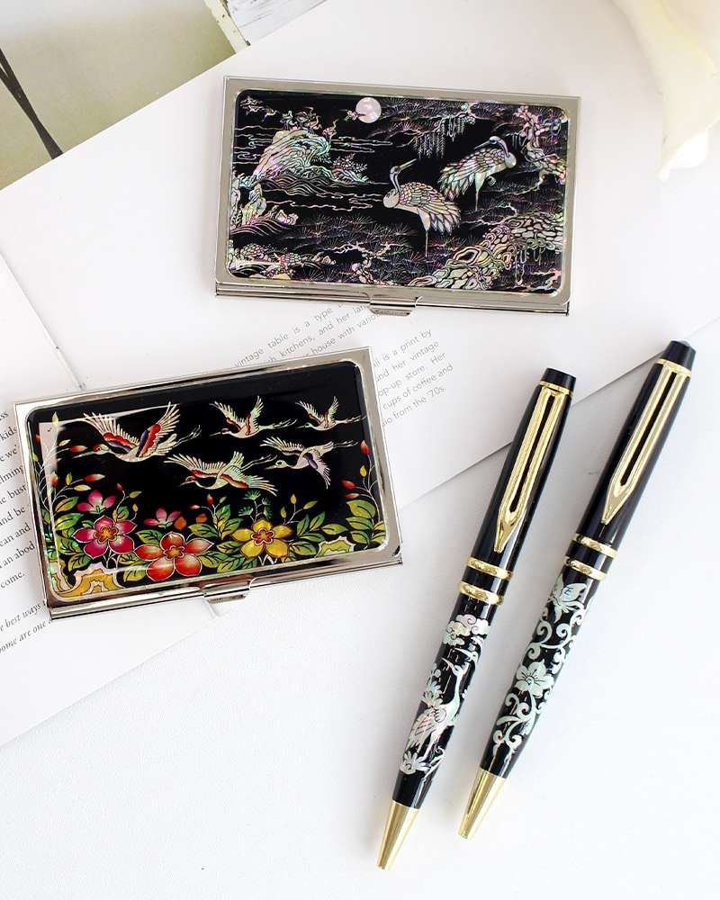 Korean Traditional Souvenir (2-Piece Set) Mother-of-Pearl Business Card Case K + Mother-of-Pearl Ballpoint Pen