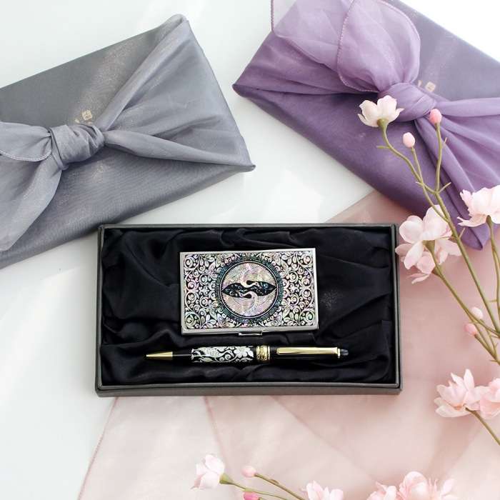 Korean Traditional Craft Gift Set (2-Piece) - Mother-of-Pearl Business Card Case N + Mother-of-Pearl Ballpoint Pen