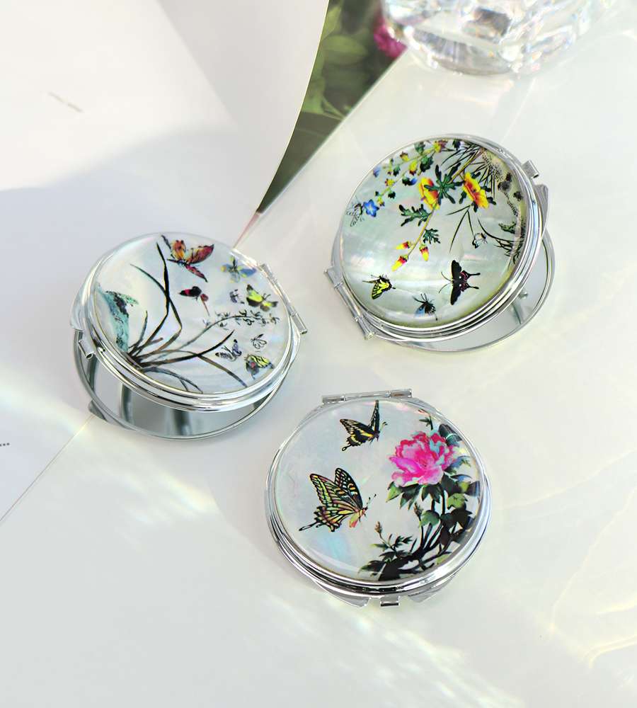 Inlaid Mother-of-Pearl Lacquerware Round Hand Mirror – Perfect Gift for International Friends (Choose Design)