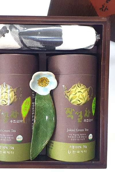 明茶セット2号（雨前甘露2缶）- プレミアム手作り緑茶松材原木ギフトセット