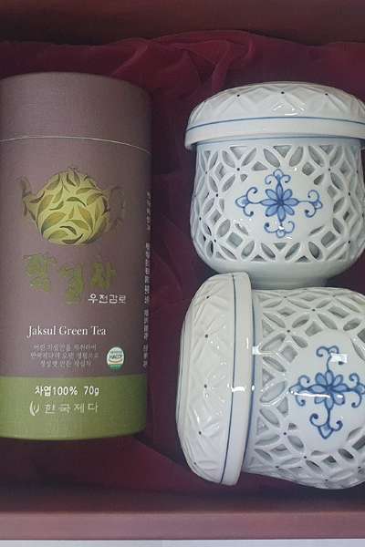 緑茶 雨前甘露 夫婦 茶器セット - 青花透かし彫り茶杯 ギフトセット