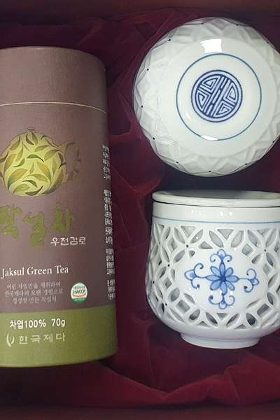 緑茶 雨前甘露 1人用茶器セット-青花透彫フィルターティーカップ ギフトセット