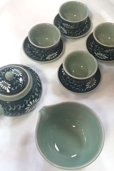 青磁唐草文5人茶器セット茶道ギフトセット
