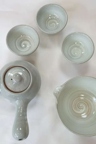 粉青 鬼掻き文 3人用 茶器 茶道セット