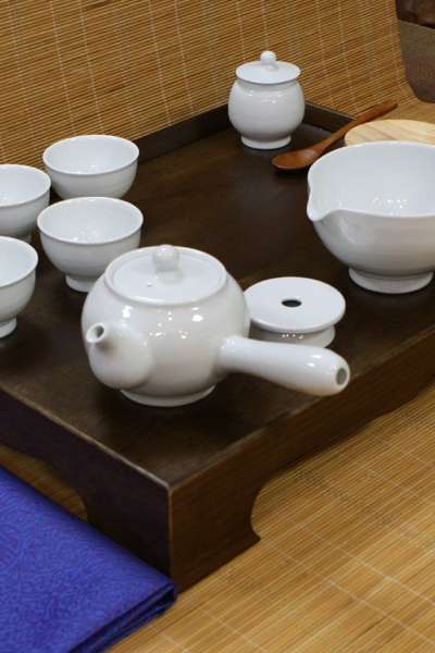 茶道授業用アンティーク茶卓 白磁5人茶器セット 教育用茶道セット