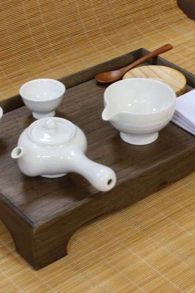 幼稚園・小学低学年向け 茶道授業用 アンティーク茶卓 白磁 2人用茶器セット 教育用茶道セット