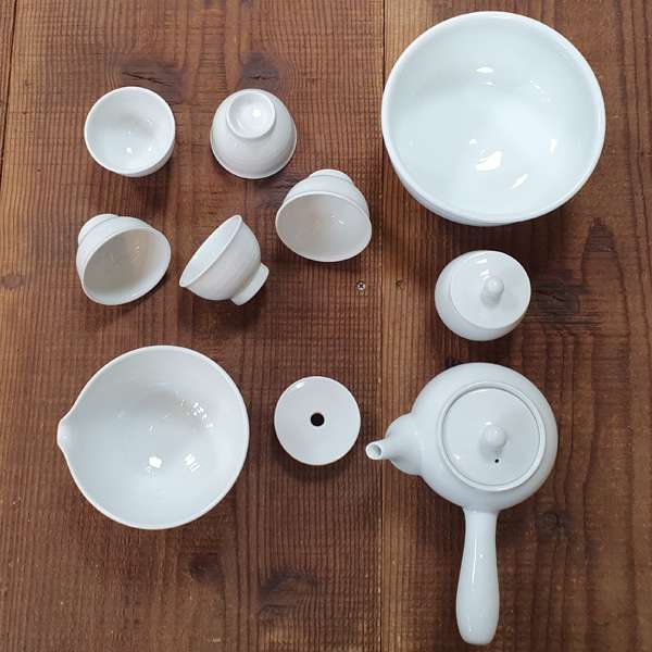 Premium White Porcelain Plain 5-Person Green Tea Set - Complete Set