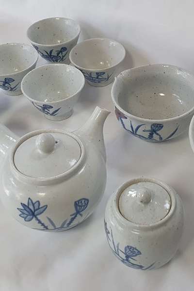 【한도요】蓮花紋様5人用陶製茶器セット-大韓民国名匠14号徐光秀作品