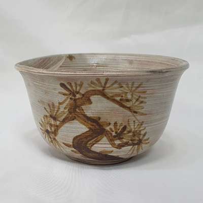 Han Chang-moon Cheongdam Buncheong Tea Bowl with Iron Oxide Pine Pattern - Asymmetrical Form