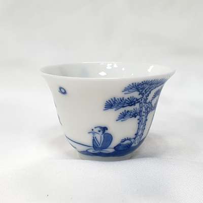 Jingdezhen Yueshenpe Blue and White Teacup Set No. 2 Fishing Design Luxury Gift Set Yueshenzhenjang Tea Service