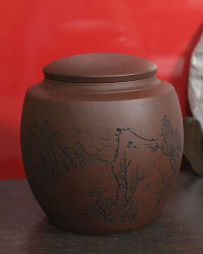 紫砂茶缶(両口)中4号 山水画/茶壺/茶保管容器/紫砂甕