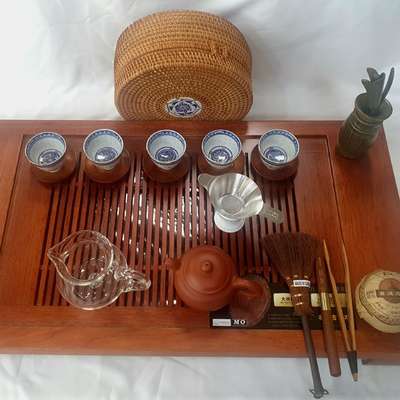 Pu-erh Tea Set for 5 People with New No. 10 Yixing Ware and Large Wooden Tea Tray