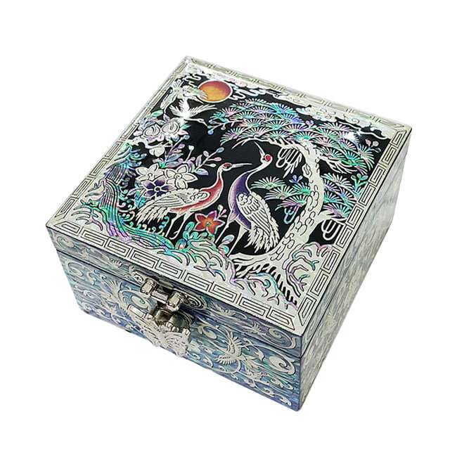 Openwork Square Mother-of-Pearl Lacquered Jewelry Box - Pine and Crane Black
