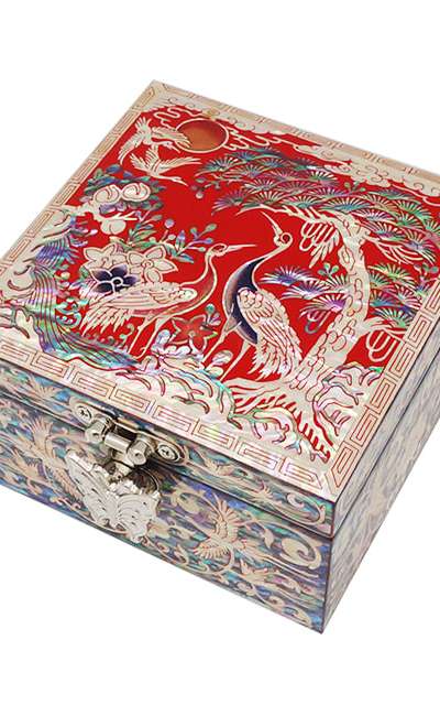 透彫正方形螺鈿漆器宝石箱 松鶴 赤