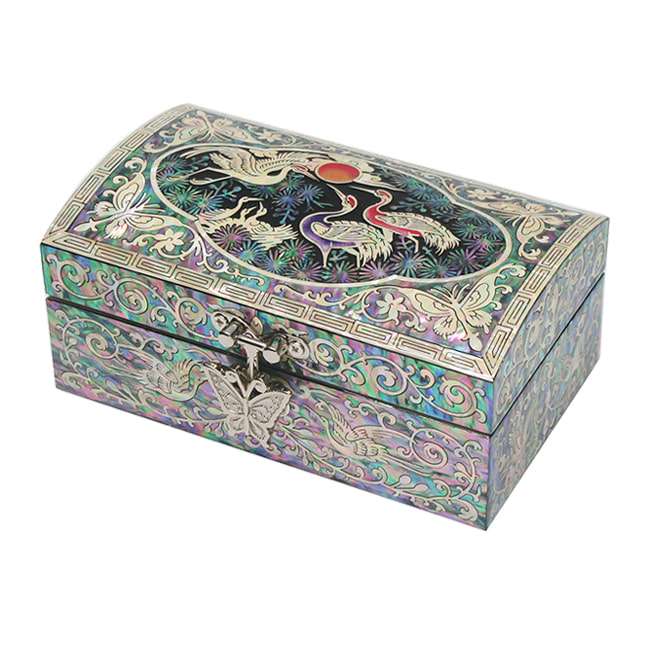 Small Mother-of-Pearl Lacquerware Jewelry Box with Crane Pattern in Black