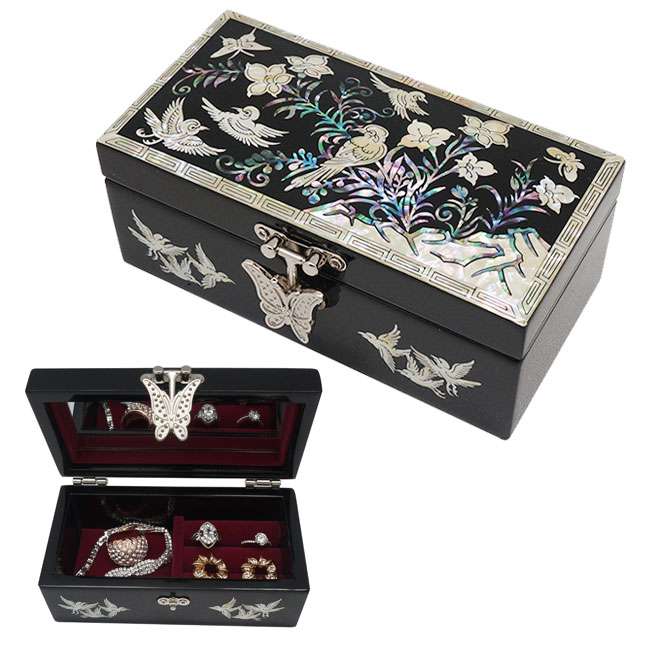Lacquerware Hand-Rolled Jewelry Box with Flowers and Birds - Black