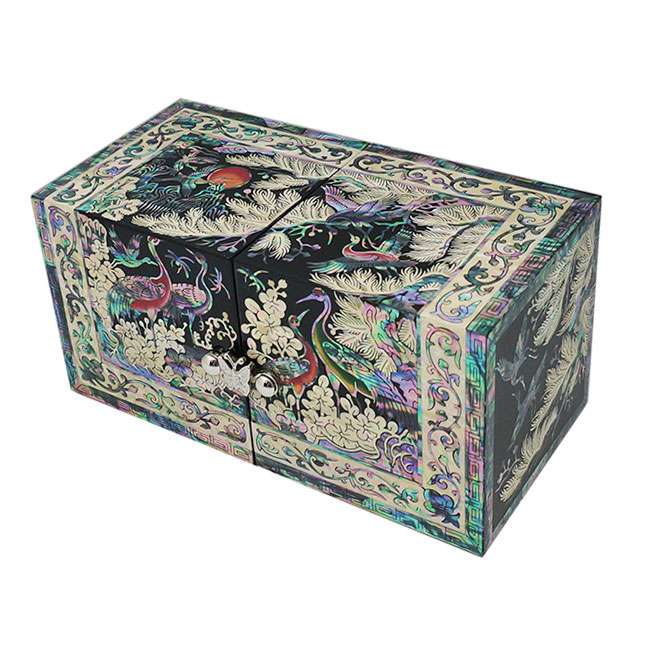[Pierced] Double-Lid Box (Medium) - Rectangular Crane Design (Black)