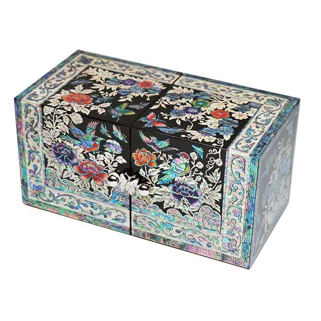 [Open Carving] Double-Lid Jewelry Box (Medium) - Square Floral Pattern (Black)