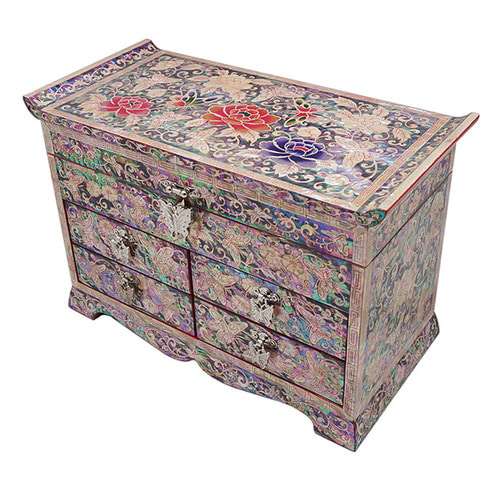 Perforated Scholar 4-Drawer Jewelry Box with Peony Flower Pattern in Red