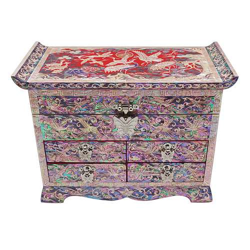 Open-Carved Scholar 4-Drawer Jewelry Box with Pine, Crane, and Red Accent