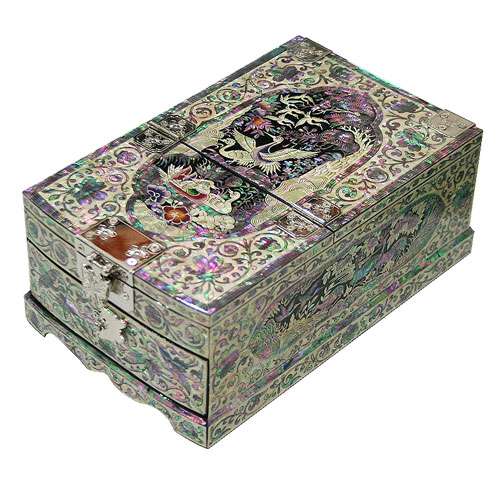 Mother-of-Pearl Cosmetic Box (Medium) - Pine and Crane (Black)