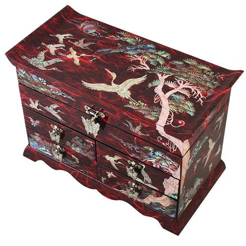 Hanji Scholar 4-Drawer Jewelry Box with Pine and Crane - Red