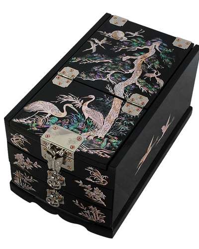螺鈿漆工芸 鏡台型ジュエリーボックス (大) - 松鶴 (黒)