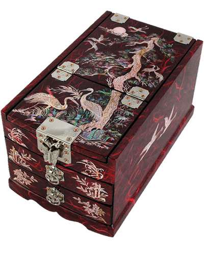 경台 宝石箱（大）- 松鶴（韓紙 赤）