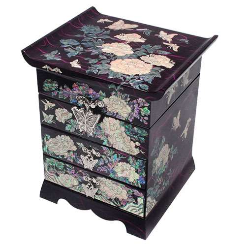 Hanji Scholar 3-Drawer Mother-of-Pearl Jewelry Box with Peony Pattern